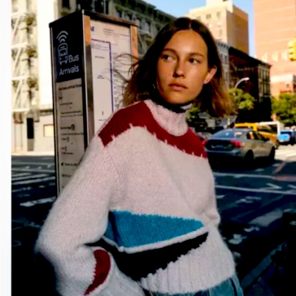 ZARA COLOUR BLOCK ABSTRACT SWEATER WIDE CUFF OVERSIZED PINK BLUE RED M BLOGGERS